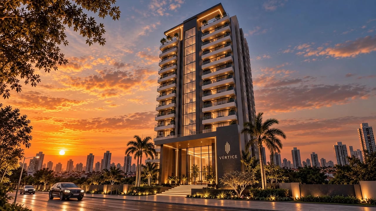Edifício ao pôr do sol se transforma em uma vista arquitetônica explodida
