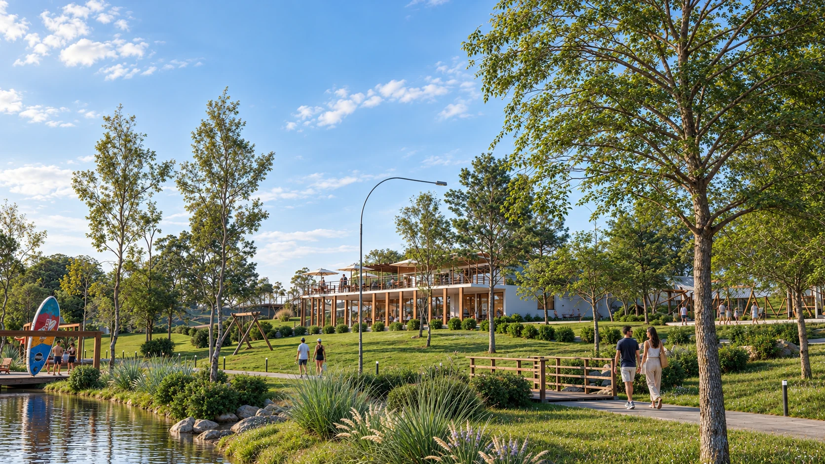 Renderização 3D do clube e do lago do Ijuí Eco-Reserva em Ijuí, RS