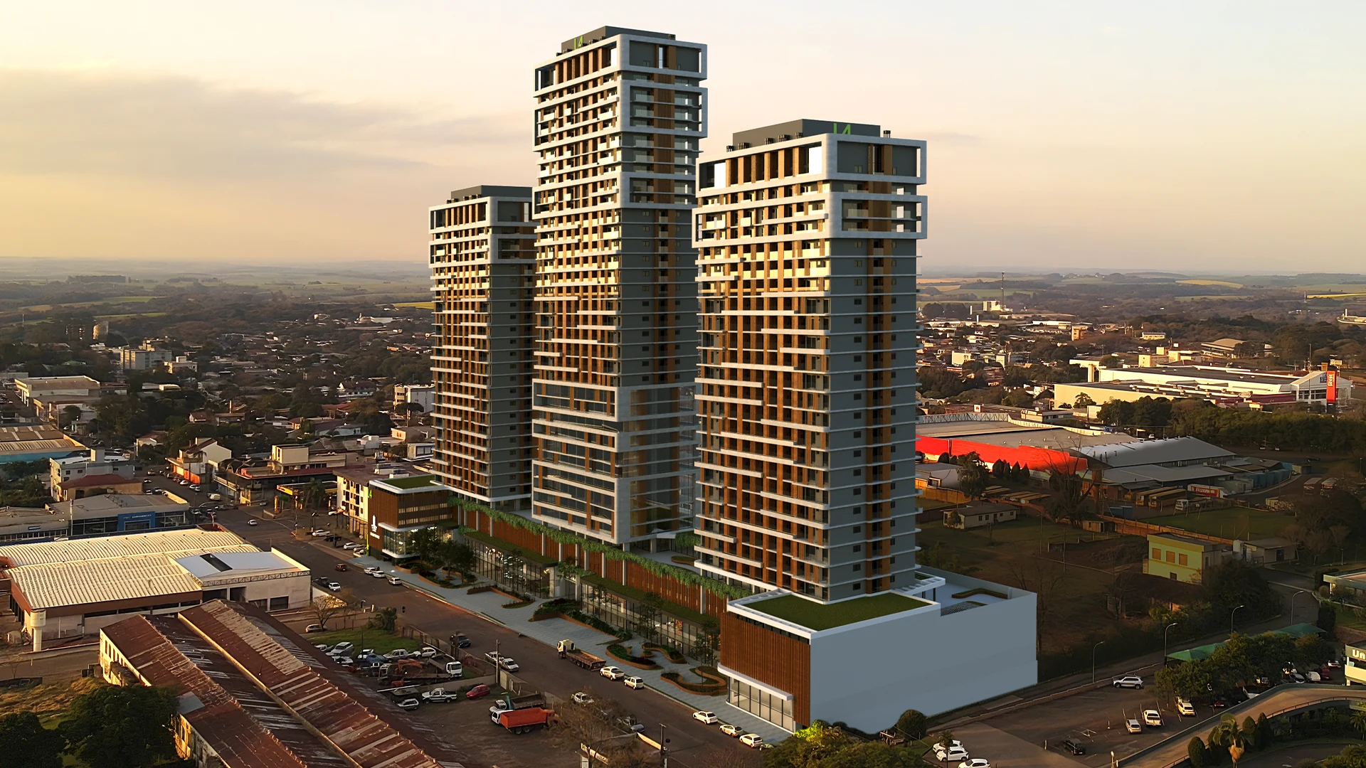 Render arquitetônico do Tríade Towers, empreendimento de três torres em Ijuí, RS